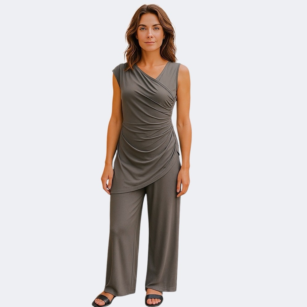 Joseph Ribkoff Layered Jumpsuit Pant Ruched Side Asymmetric Size 8 Taupe